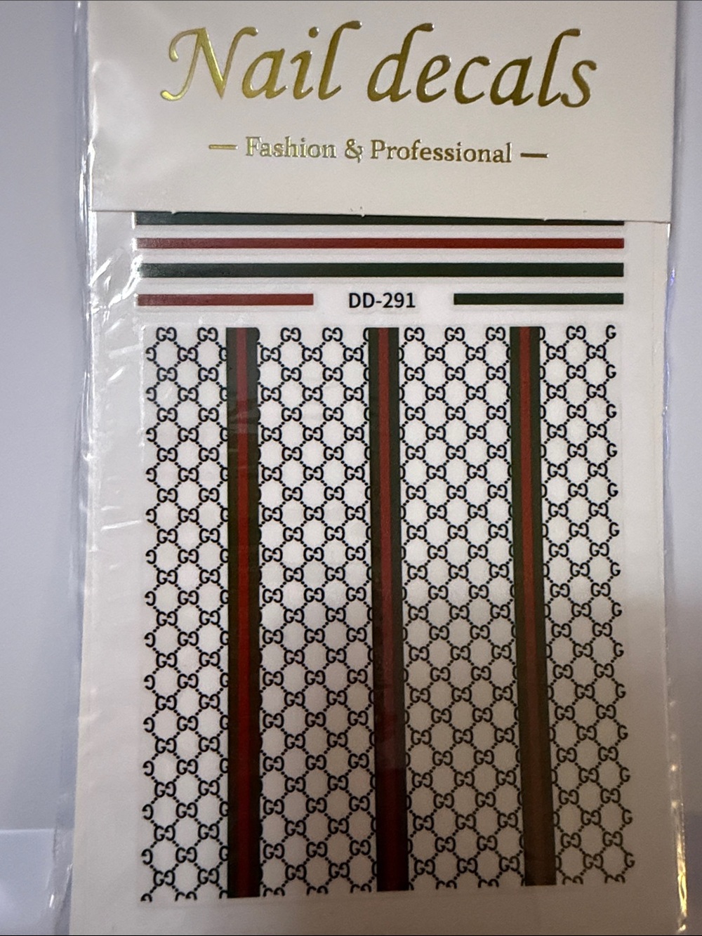 Striped Monogram Nail Decal Sheet with Red and Green Accents